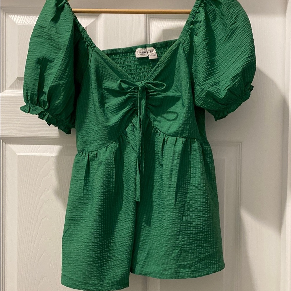 A New Day Green Tie Front Blouse with Puffed Sleeves